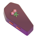 A small purple coffin with two pink flowers on top, rendered in a 3D style.