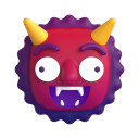 Monster with red skin, purple hair, yellow horns, and wide eyes giving a toothy grin.