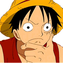 Monkey D. Luffy wearing a straw hat with a hand on his chin looking skeptical.