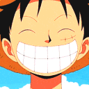 Monkey D. Luffy with a massive, wide-eyed grin and a straw hat.