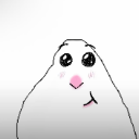 A white blob character with large black eyes, pink blushing cheeks, and a small, slightly crooked smirk.