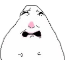 A crudely drawn white creature with a pink nose and a pained, disgusted facial expression.