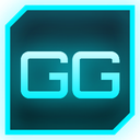 Letters GG in a bold, light blue font centered on a dark square with a glowing cyan border.