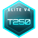 Hexagonal badge with a glowing cyan border containing the text ELITE V4 and T250.