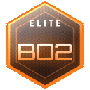 Hexagonal badge with an orange border containing the text ELITE and B02 in a metallic font.