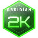 A hexagonal badge with a glowing neon green border containing the text OBSIDIAN and 2K.