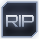 Letters RIP in a metallic font on a dark gray square background.
