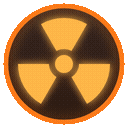 Radiation hazard symbol glowing in yellow and orange against a dark background.