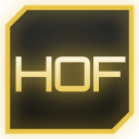 A square badge with a black center and gold border displaying the letters HOF in a bold, light-colored font.