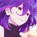 Anime girl with purple hair and red eyes giving a smug, knowing smirk.