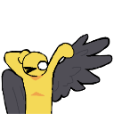 A yellow creature with dark wings stretching its arms and wings upward.