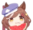 Anime girl with animal ears and a beret eating a slice of watermelon.