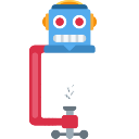 A blue pixel art robot with red eyes and a wide toothy grin, featuring a red pipe attached to its side.