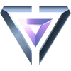 A metallic 3D triangle emblem with a glowing purple center.