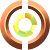 A circular bronze frame containing a bright, multifaceted yellow gemstone.