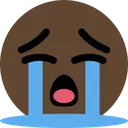 A dark-skinned face with closed eyes and a wide-open mouth, shedding two large, thick blue streams of tears.