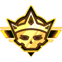 A golden skull wearing a crown with sharp geometric lines.