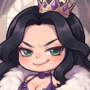 A chibi queen with long black hair and a crown wearing a smug, knowing smirk.