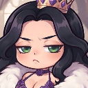 A chibi queen with long black hair and a crown looking sideways with a judgmental and annoyed expression.
