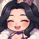 A happy anime girl with long black hair wearing a crown and a purple fur-trimmed outfit, laughing with her eyes closed.