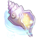 A purple conch shell glowing with yellow light and surrounded by a blue ethereal aura.