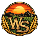 A circular emblem with the letters WS in the center, surrounded by wheat stalks and a sunset farm backdrop.