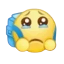 A yellow smiley face with large, teary eyes and a sad mouth, wearing a blue backpack.