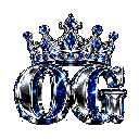 The letters OG in shiny silver metallic font topped with a blue jewel-encrusted crown.