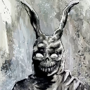 A creepy rabbit mask with hollow eyes and a wide, jagged grin in a dark, sketch-like style.