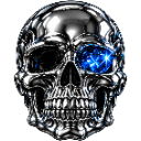 A metallic silver skull with one empty eye socket and one glowing blue cybernetic eye.