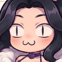 Anime girl with long dark hair and wide cat-like eyes making a mischievous smirk.