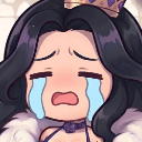 A female character wearing a crown with long dark hair crying profusely with large blue tears streaming down her face.