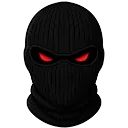 A black balaclava mask with glowing red eyes staring forward.