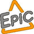 The word EPIC in pixel font cycles colors inside an orange triangle frame.