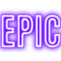 Neon sign text reading EPIC in glowing white letters against a purple background.
