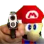 Mario character pointing a handgun directly at the camera in a meme style.