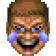 Human face with a wide, manic grin and glowing blue accents around the eyes in a pixelated art style.