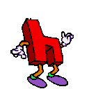 A red, blocky letter H character with cartoon gloves and shoes dancing energetically.