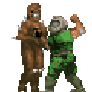 A green-armored soldier punches a brown creature, causing a spray of red pixels to appear.