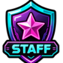 Staff badge with a purple shield, a bright pink star, and the word STAFF written in cyan text.