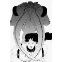 Anime character appearing from behind a dark, looming shadowy silhouette.