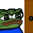 A green frog character slams a brown door shut with a visible impact effect.