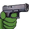 A green hand holding a black handgun pointed forward.