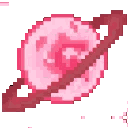 A pink pixelated planet with a ring and a small heart moving across it.