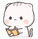 A white cartoon cat with an angry expression writing in a small yellow notebook.