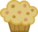 Muffin with pink and brown spots on top and a brown paper liner.