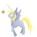 A winged pony with yellow hair moves around while looking at a floating muffin.