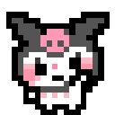 Kuromi character waving with a small skull on her head next to the pixelated text Bye Bye.