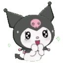 Kuromi character with a skull on her head looking excited with sparkling effects around her.