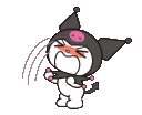 Kuromi character performing a dramatic temper tantrum with a pink skull on its head.